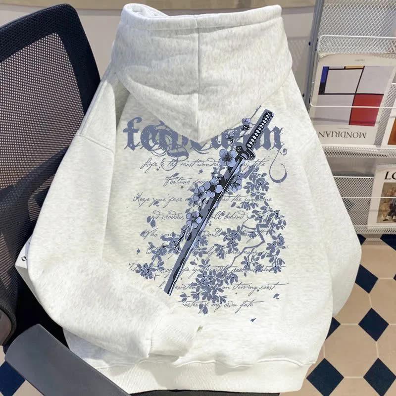 Мужская винтажная толстовка с принтом вишневого цвета и мечом, с начесом, свободного кроя, модная осенне-зимняя куртка