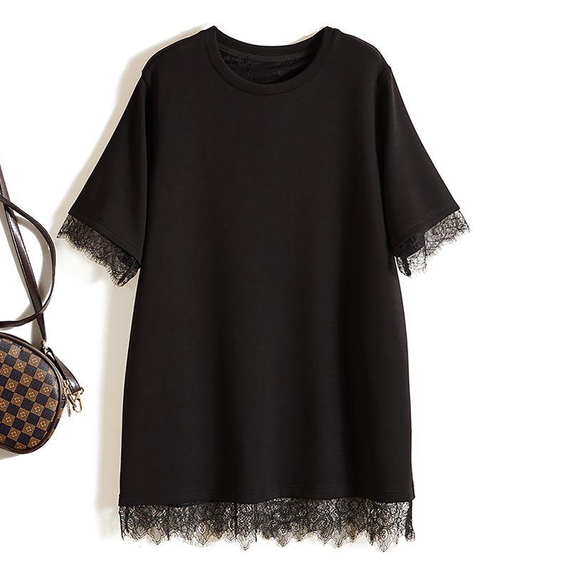 Gentle and Capable! Quality Life Women's Round Neck Stretch Cotton Patchwork Lace Fake Two-Piece Long T-shirt Sweat-Absorbent