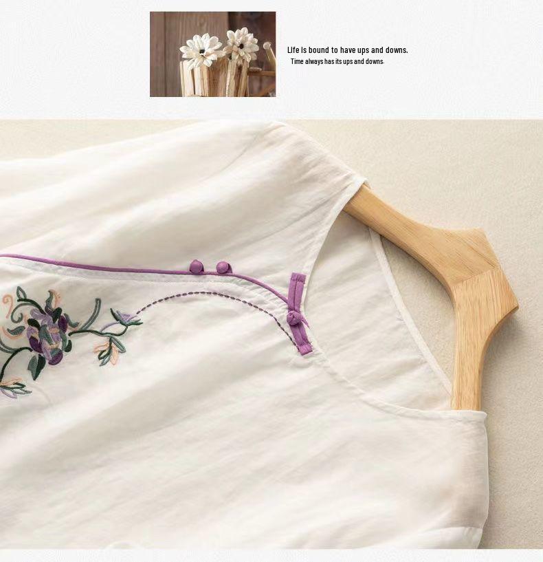 Women's 2024 Summer Cotton Linen Retro Embroidered Blouse with Frog Button and Diagonal Placket