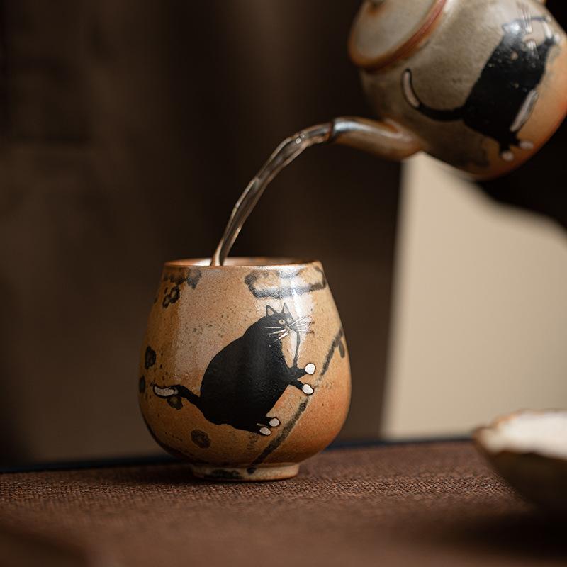 Ручная роспись Печная глазурь Чжие Чашка для чая с кошкой Керамическая Ретро Фарфоровая Чашка для чая Мастер-чашка Маленькая Дегустационная Кружка Китайский Кунг-фу Японская Бытовая Чайная посуда