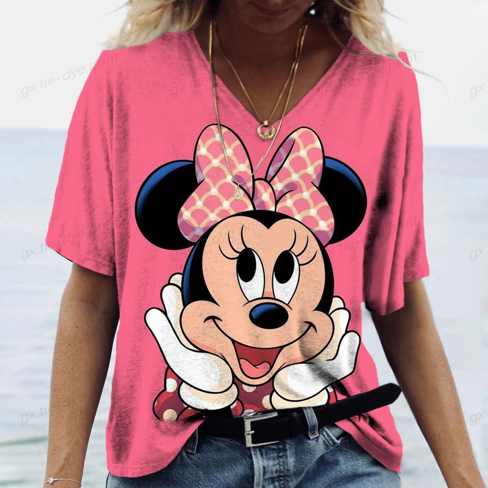 Новые женские винтажные футболки с принтом Микки Мауса Disney, женские топы, пуловеры с V-образным вырезом, повседневная уличная одежда, топы с коротким рукавом, лето