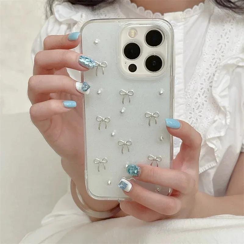 INS Japan Korea 3D Silver Bowknot Phone Case For iPhone 16 Pro Max 15 14 13 12 11 X XS XR 7 Plus Girl Epoxy Clear Glitter Cover