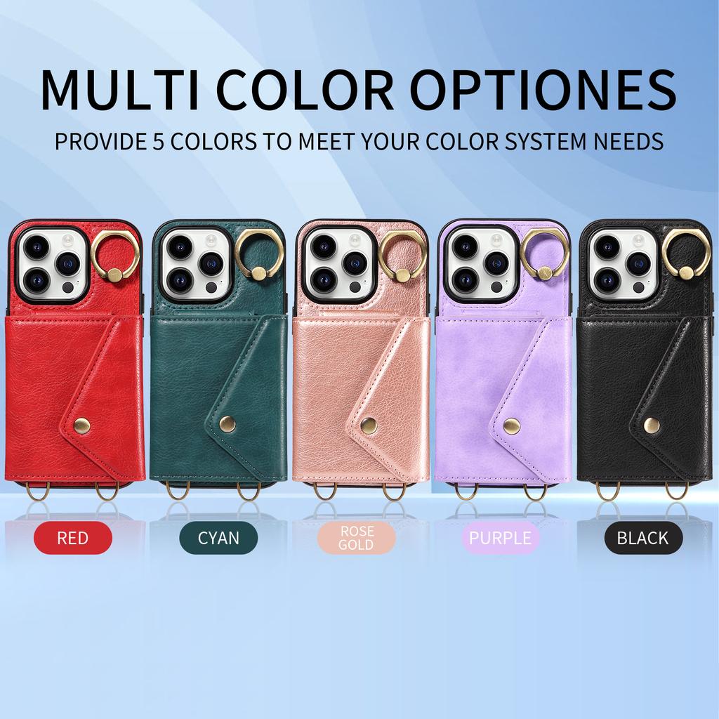 Для iPhone 16 серии. Для iPhone 16, 16 Plus, 16 Pro, 16 Pro Max плечевой ремень веревка кольцо кронштейн дизайн держатель для карт слоты личи узор чехол для телефона