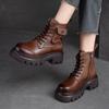 Women Boots Genuine Leather Round Toe Solid Color Women Shoes Retro Ankle Platform Boots