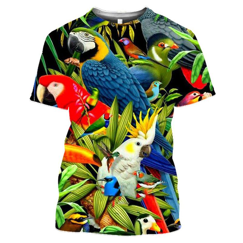 3D Print T-Shirt Colorful Wild Birds On Tree Branch Nature Scene Graphic Short Sleeve Casual Tee Top