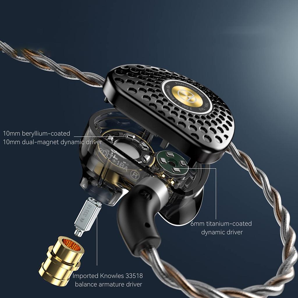 LINSOUL TRN TA3 2DD+1BA Hybrid HiFi Dynamic Earphones with Closed-Back Design, Re-cableable, 3.5mm Stereo Plug (10mm Bass + 6mm Mid-Treble),