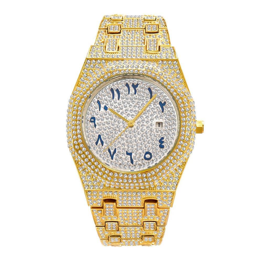 New Arab Number Watch For Men Luxury Fully Diamond Bling Mens Quartz Watches Fashion Iced Out Silver Waterproof Male Clock