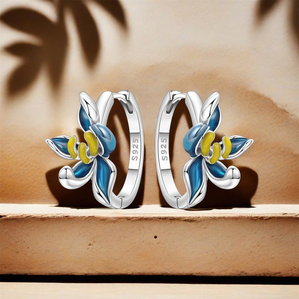 S925 Silver Blue Orchid Flower Earrings Hoop Earrings Women Jewelry Trendy Anniversary Gifts