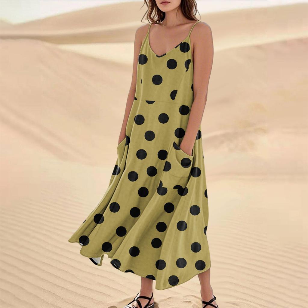 Women's Casual V Neck Dot Print Sleeveless Pocket Suspender Dress