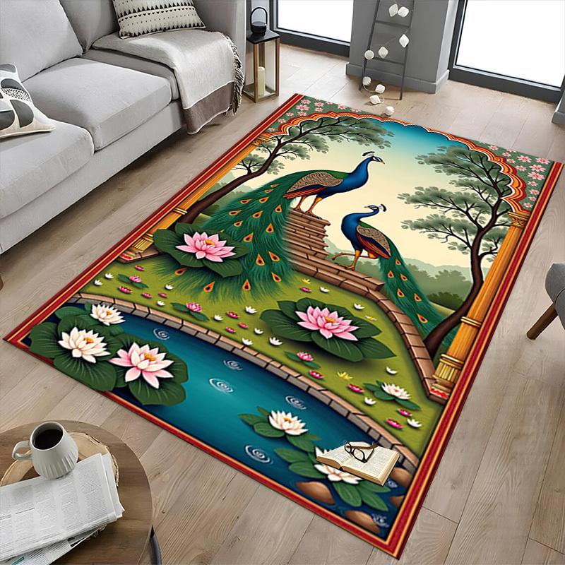1PC Peacock Lotus Non-Slip Floor Carpet Compatible for Office&Living Room&Bedroom&Dining room - Flat - Weave Machine-S0374