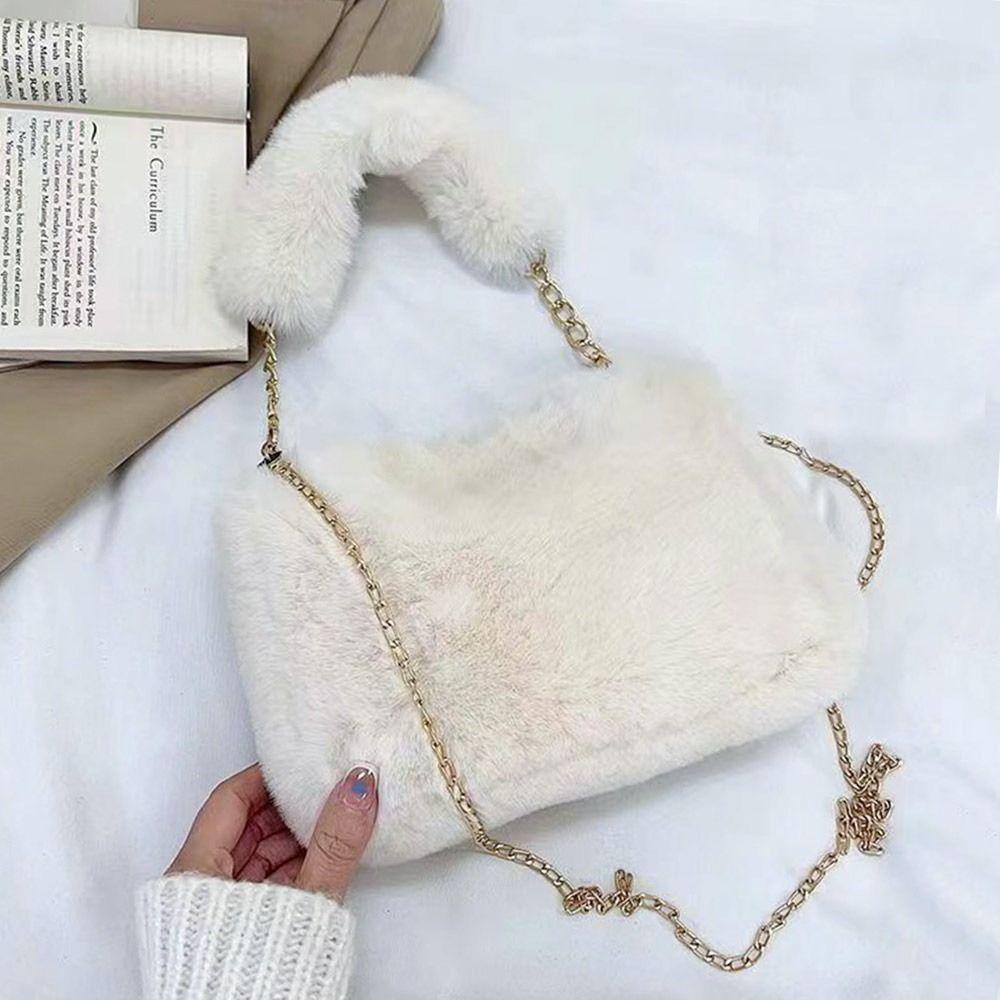 Women Fluffy Shoulder Bags Female Winter Chain Underarm Bag Solid Color Handbag Soft Plush Handle Bag