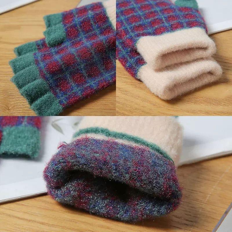 Female Checkerboard Winter Half-Finger Gloves Warm Half Open Finger Korean Version Student Writing Winter Typing Computer