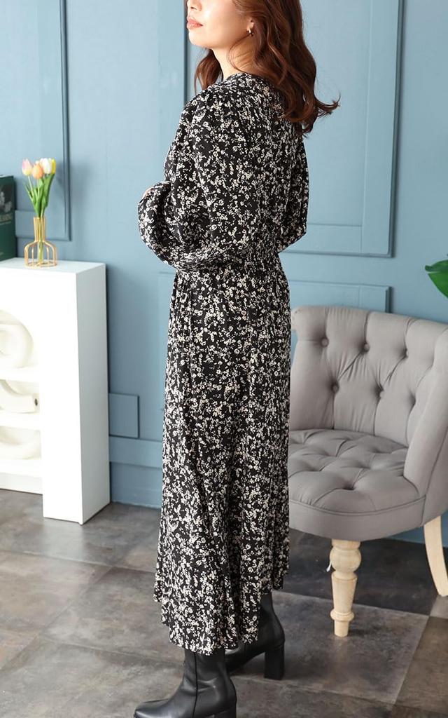 Gold Japan Plus Size Long Floral Small Floral Size Black fem-450 Women's Dress, Sleeve, Cache-Coeur Print, Print, Flared, Stretchy, Winter, Spring,