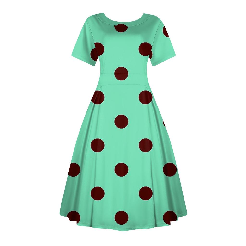 Women's Casual Fashion Dress Vintage Sunflower Printed Round Short Sleeve Waisted Midi Long Big Swing Dresses