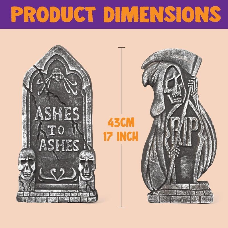 17" Halloween Foam Graveyard Tombstones 5 Pack Headstone Decorations and 10 Bonus Metal Stakes for Halloween Yard Decorations Demon Tombstone