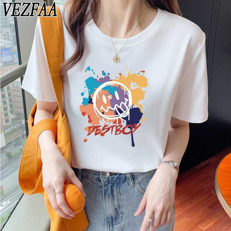 VEZFAA Женские модные повседневные летние весенние блузки и рубашки с круглым вырезом с короткими рукавами