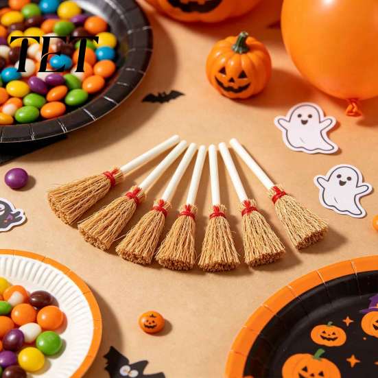 Miniature Scene Embellishments 10 Pcs Mini Straw Brooms, Artificial Witch Brooms with Red Rope, Tiny Wooden Handle Broom Halloween Craft Decoration