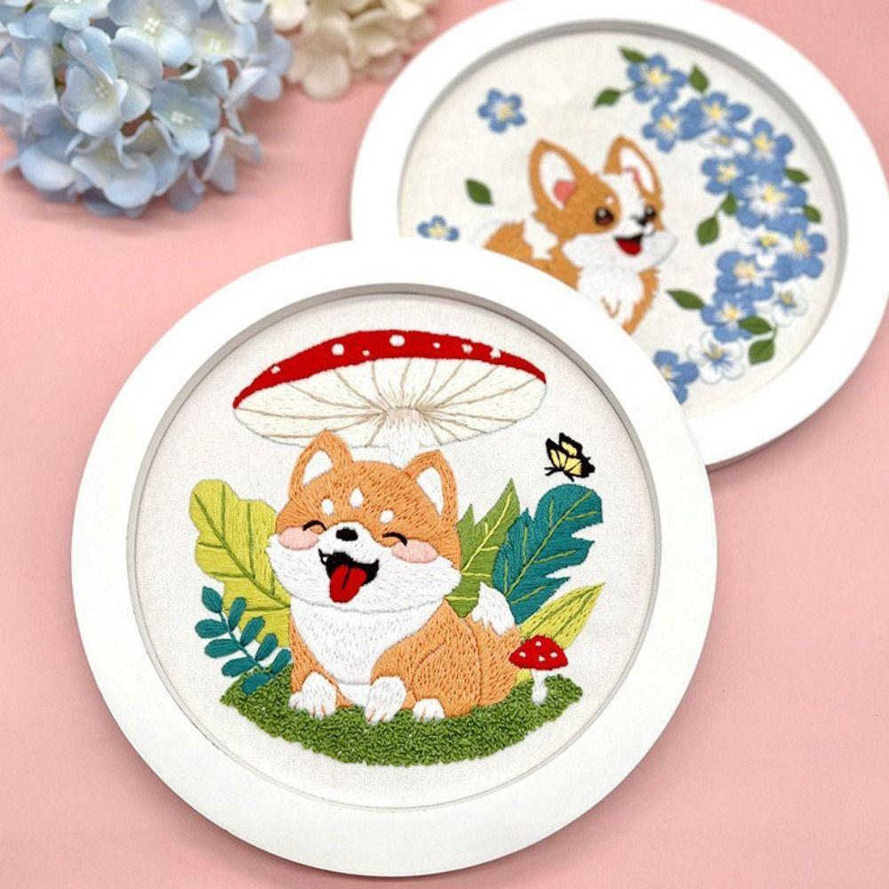 Floral Patterns Cross Stitch Set Corgi Embroidery Set Home Decor Dog Embroidery Kit Beginner