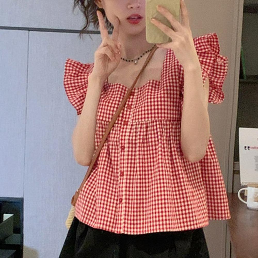 Оборки Милый свободный топ без рукавов с летящими рукавами Укороченный топ Шикарные клетчатые блузки для женщин и девочек