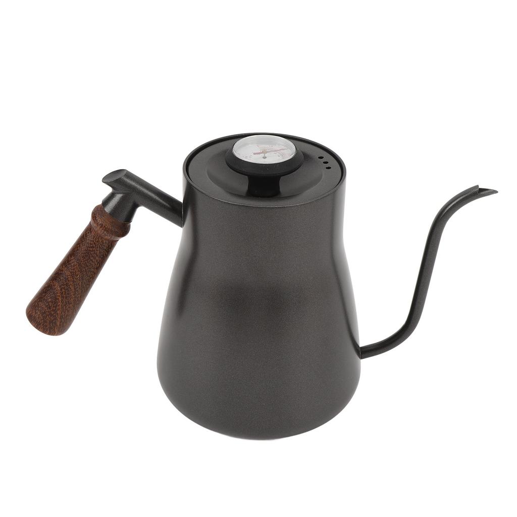 Чайник для кофе 850 мл с термометром, длинным тонким носиком, из нержавеющей стали, деревянной ручкой и гибкой шеей
