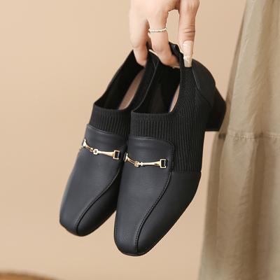 Туфли из маленькой кожи с квадратным носком, черные, дышащие, удобные, на толстом каблуке, простые, универсальные, повседневные, женские туфли на высоком каблуке, осенние