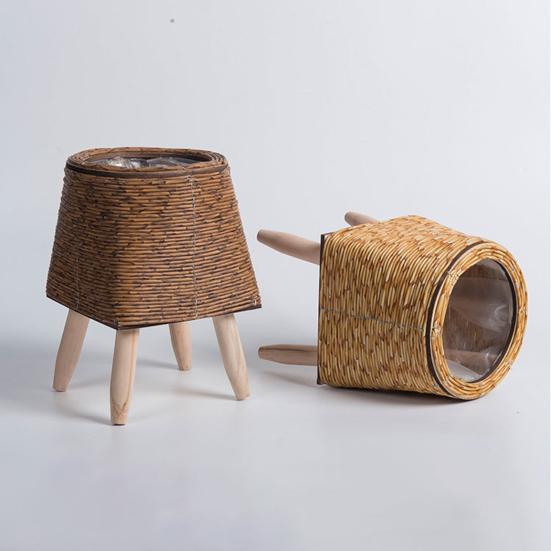 Rattan Woven Planter Pot Indoor Outdoor Flowerpot with Legs Handmade Cactus Succulent Plants Holder Container Home Balcony Garden Decoration