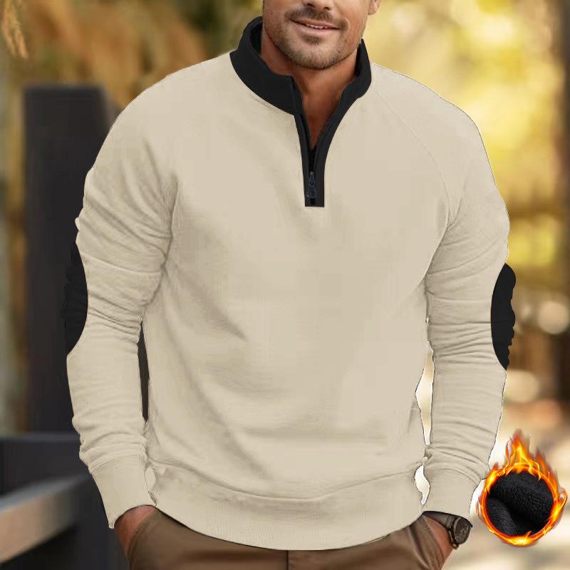 Велюровый пуловер колор-блок со стойкой: Осенне-зимняя свободная повседневная куртка с длинным рукавом и молнией до середины