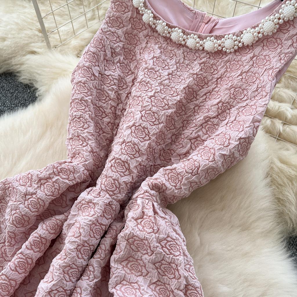 Summer Women Elegant Sleeveless Luxury Beading Collar Jacquard Flower Pink Birthdays Party Ball Gown Dresses