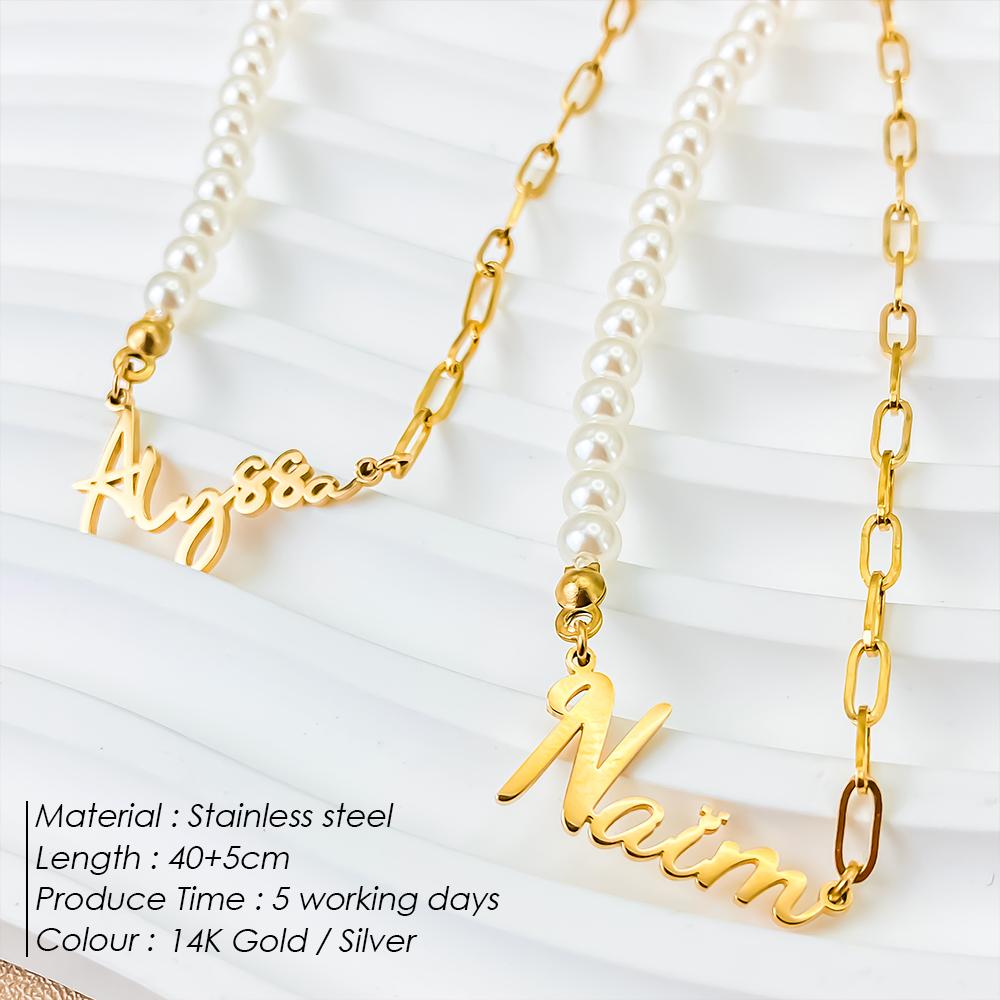 EManco Stainless Steel Paperclip Chain Custom Personalized Name Letter Pendant Fashion Faux Pearl Necklace Dropshipping