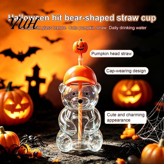 Durable Drinking Container 600ML Bear Glass Tumbler with Lid & Straw, 20oz Borosilicate Leakproof Travel Cup for Iced Coffee, Boba Tea, Milk,