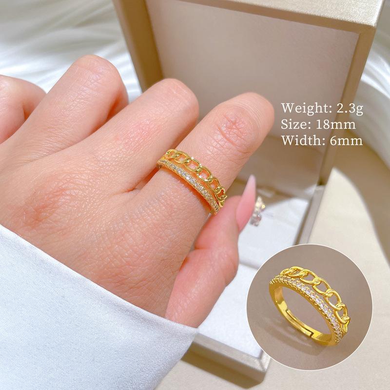 Real Gold Electroplated Open Chain Women'S Fashion Slightly Inlaid Light Luxury Ring Index Finger Ring Same Cold Wind