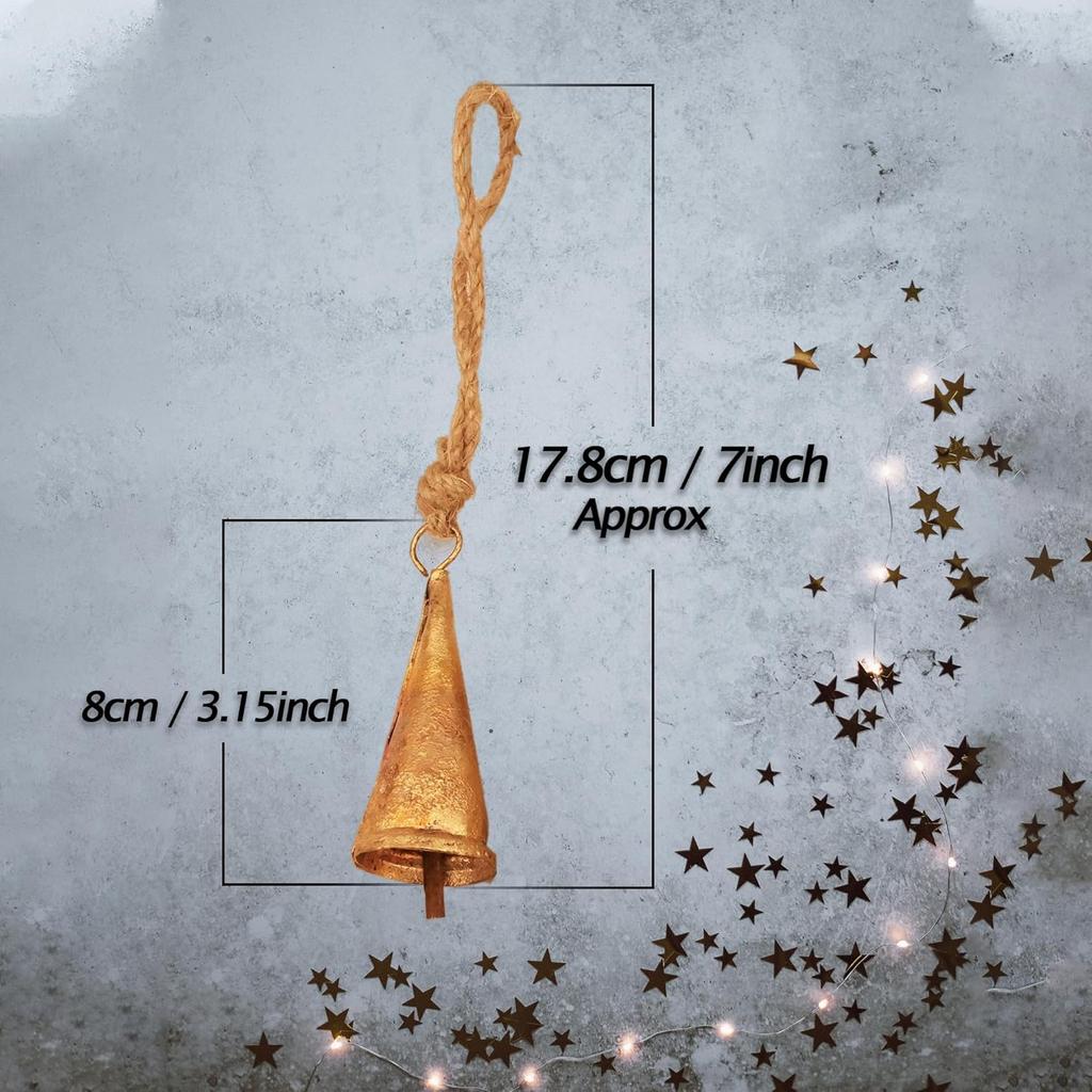 Pack of 10 Vintage Gold Tin Jingle Bells with Jute Rope for Farmhouse Christmas Decor, Witch Bells for Protection, Boho Craft Garland