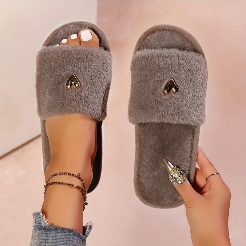Новые плюшевые тапочки класса люкс для женщин, украшенные сердечками, с открытым носком, подходят для спальни, гостиной, дома, подходят для всех сезонов