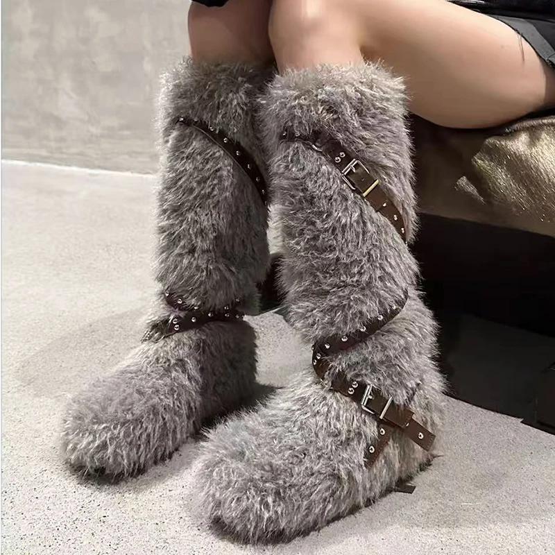 Меховые женские сапоги на плоской подошве, высокие зимние дизайнерские сапоги до колена, женские модные теплые зимние короткие плюшевые мотоциклетные сапоги Mujer