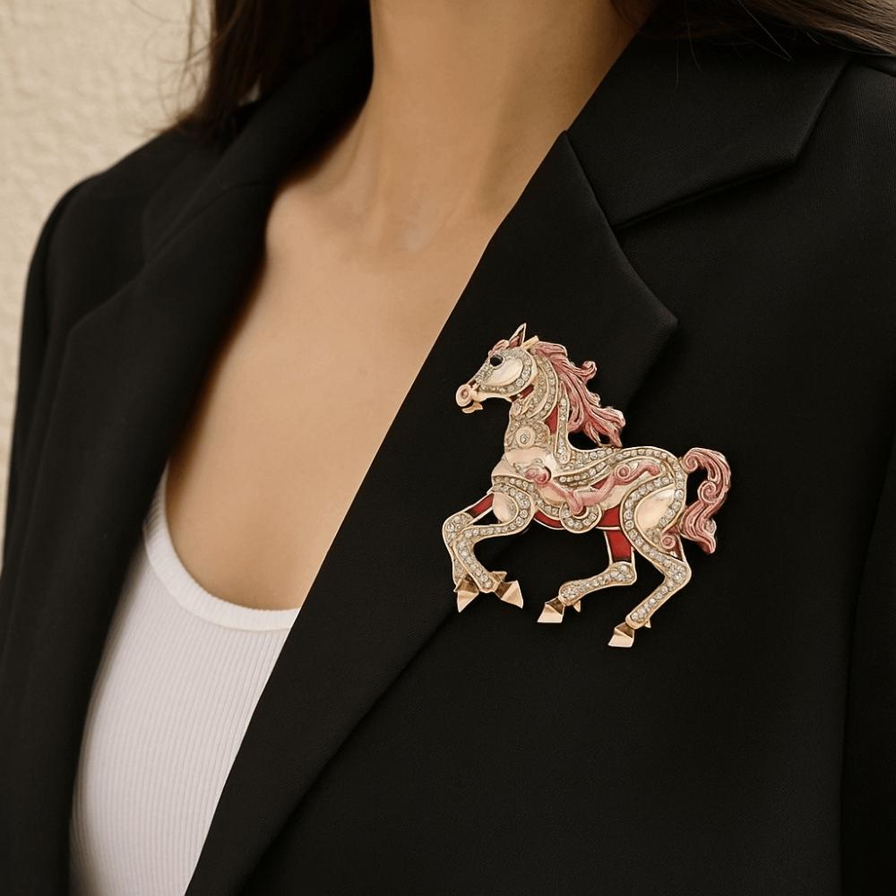 Retro Enamel Rhinestone Horse Brooch Chinese Style Animal Lapel Pins Zodiac Pin Women Accessories