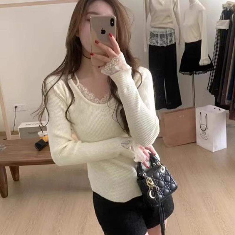 Lace Knitted Bottoming Shirt Women's Inner Season New Crew Neck Sweater Design Slim Top