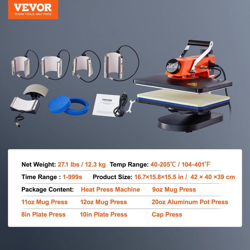 Heat Press Machine 12x15in 8in1 Sublimation Transfer T-shirt Plate Mug Cup