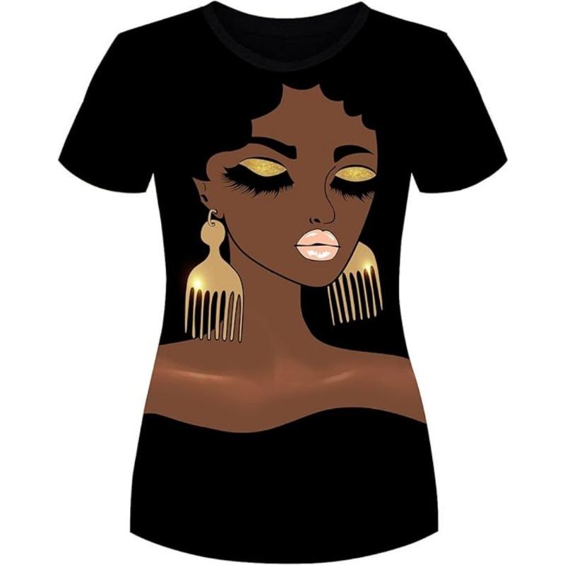 Черный пигмент Девушка Натуральный узор волос Футболка Женская футболка Африканская Повседневная С коротким рукавом Круглый вырез Топ Футболка