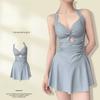 Swimming Suit for Women Solid Color Slimming One-piece Dress Style Conservative Waist Tightening Slimming Vacation Swimsuit