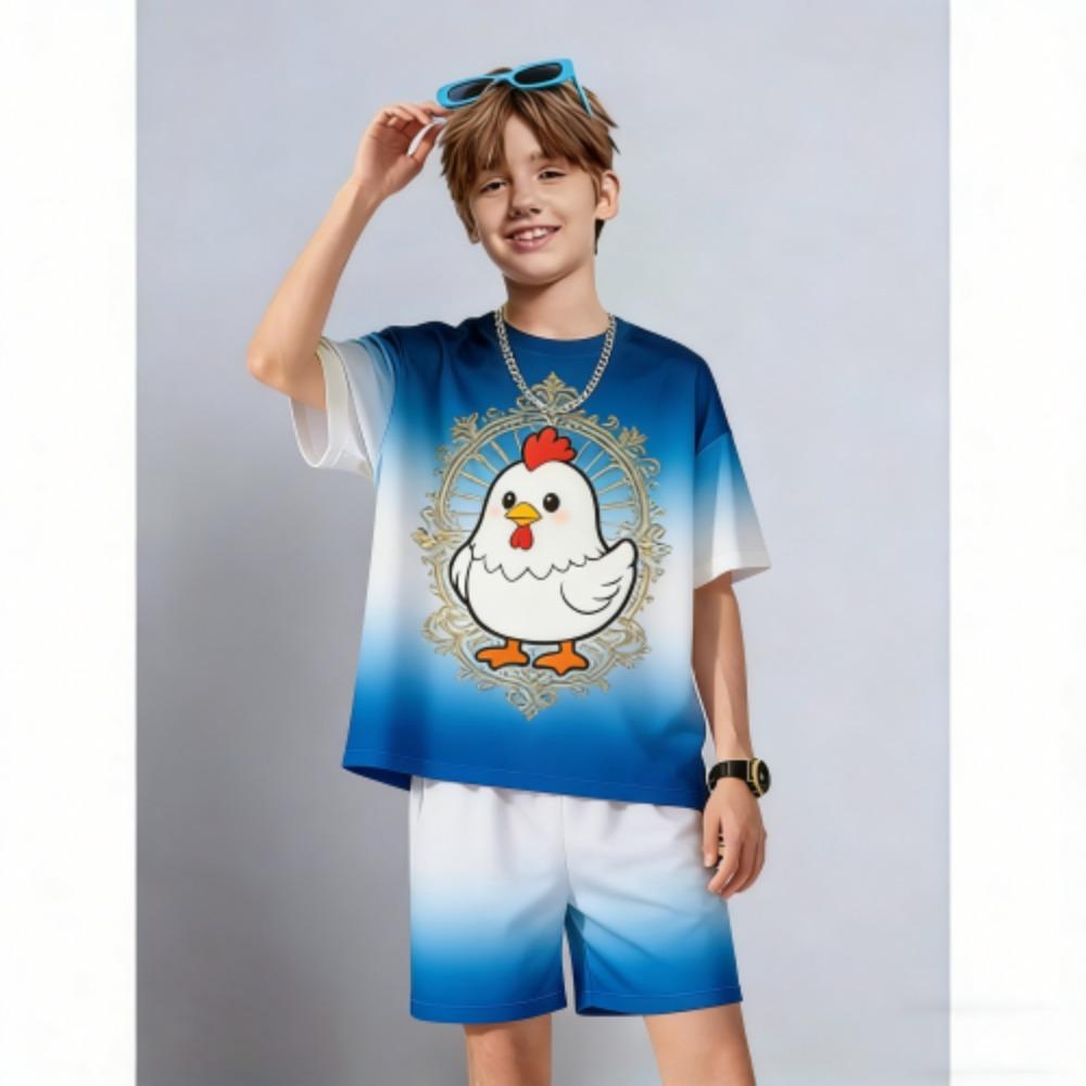 Kids Set Fashion Cartoon Chicken Printed Kids T-shirt and Shorts 2 Piece Set Summer Casual Outdoor Boys and Girls Outfit Kids Clothing