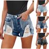 Women Distressed Denim Shorts Rhinestone Fringe Mid Jean Shorts Frayed Hem Summer Short Jeans
