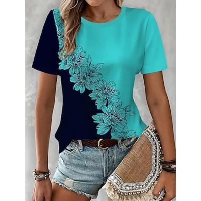 Женская футболка Повседневный принт с коротким рукавом Обычные топы Повседневный Черный Розовый Синий Небесно-голубой Лето