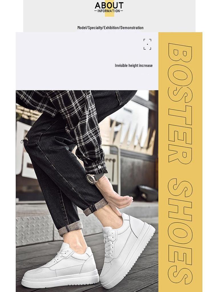 Men's Breathable Skate Sneakers - 10cm Invisible Lift, Thick Sole, White Casual Shoes