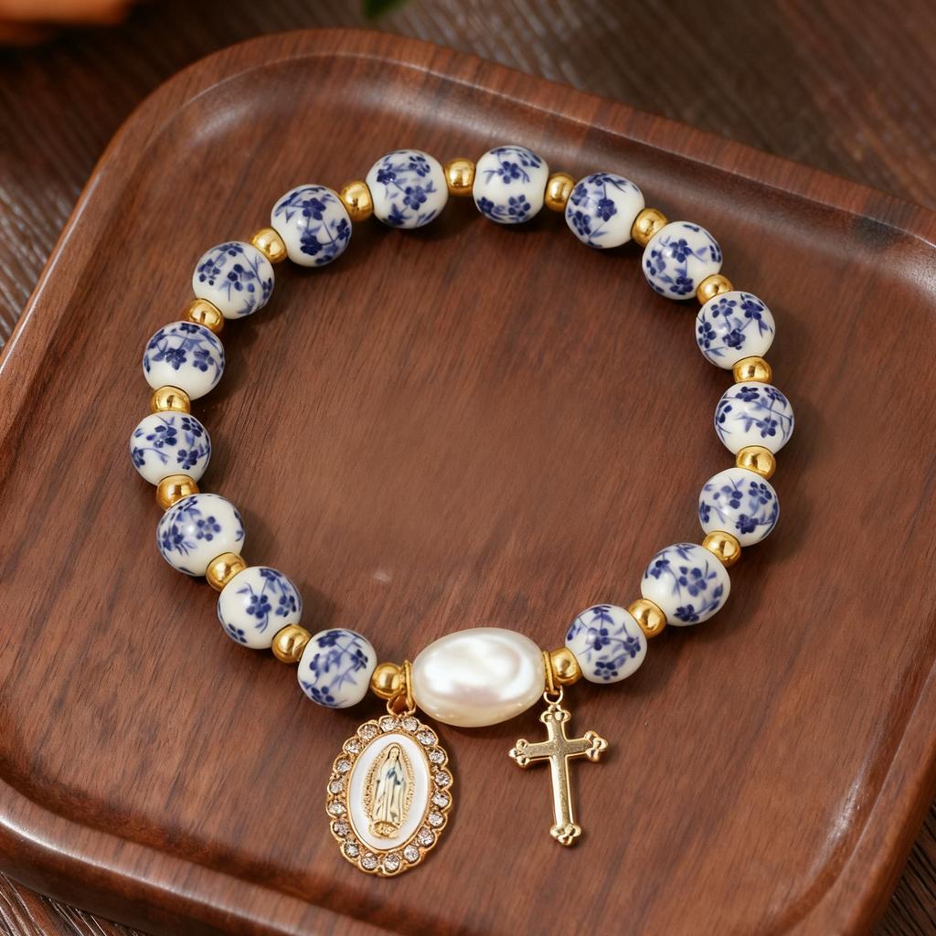Pulsera de porcelana azul y blanca pulsera de cerámica pulsera Cruz colgante lazo colgante