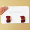 Wine Red Enamel Stud Earrings for Women Tiny C-shaped Two Layer Small Square Statement Chic Korean Sweet Girls Ear Jewelry