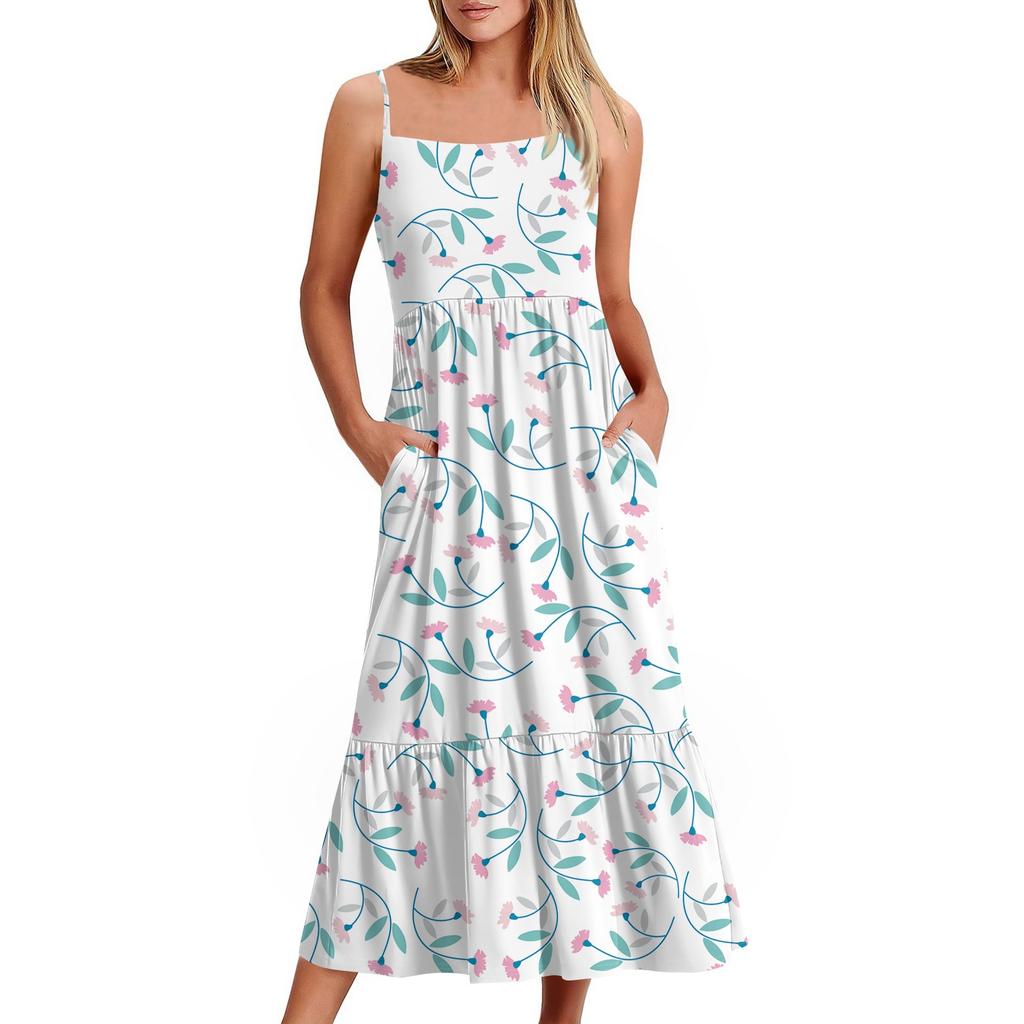 Women's Long Beach Casual Elegant Spaghetti Strap Maxi Dress Floral Low-key Flowing Bohemian Dress