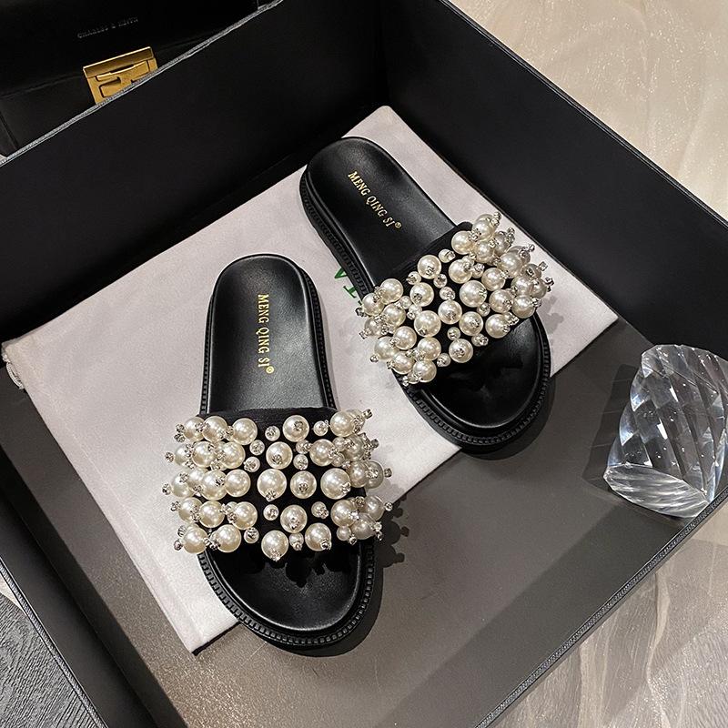 Fashion Elegant Pearl Slippers Woman Beaded Shoes Summer Thicken Soled Sandals Flats Heels Slides Ladies Home Flipper Slip On Flip Flops