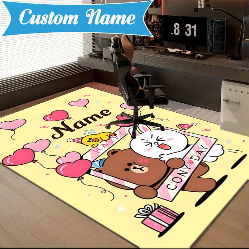 Custom Name Brown Bear Celebration Rug for Living Room, Game Rooms, Office, Bedroom, Floor Mat Playful Design, fan gifts Christmas decor