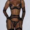 Black Bow Embroidered Sexy Lingerie 3Pcs Sets Mesh See Through Bra Brief Garters Sensual Underwear Onlyfans Kit