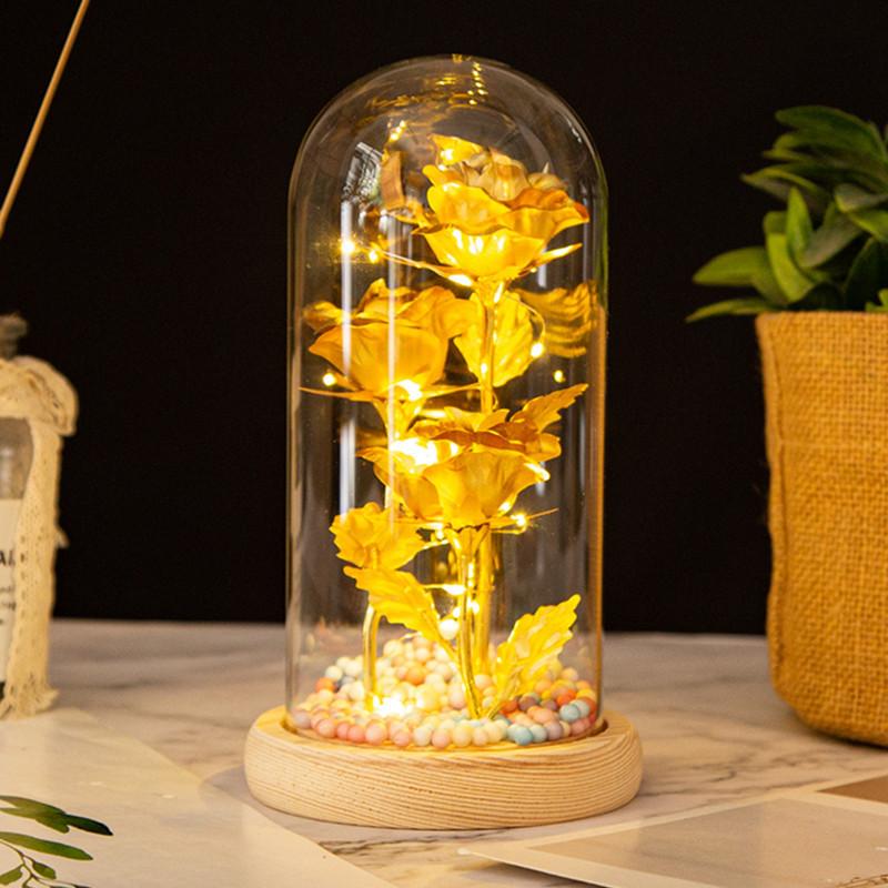 Three glass cover gold foil flower ornament, mother's Valentine's Day gift, luminous LED rose simulation bouquet